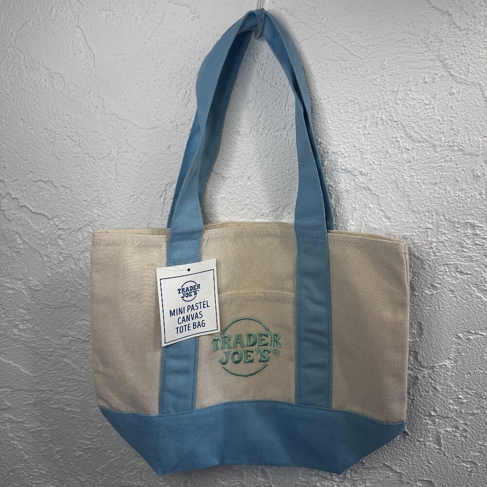 💙🌊 Trader Joe’s Mini Canvas Tote – Coastal Sky Blue Pastel Bag – Cute Spring